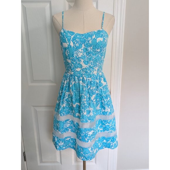 Lilly Pulitzer Ollie Dress Shorely Blue Floral Fit and Flare Dress Thin Strap 2 - Picture 1 of 7